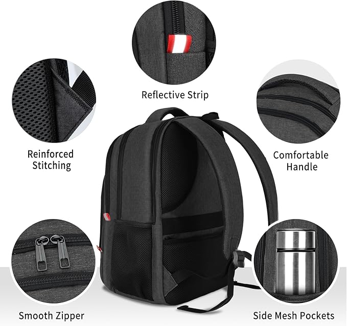 Backpack for Men Women, School Backpack, Large Quilted College Bookbag for Men, Water Resistant Travel Work Backpacks, Business Computer Back Pack with Reinforced Straps, Fits 17" Laptop Black