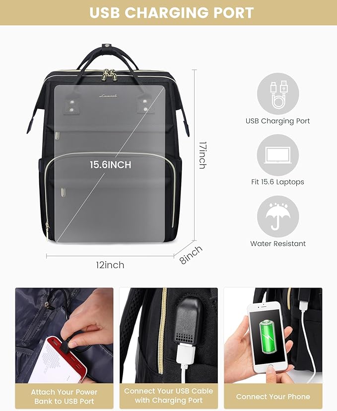 LOVEVOOK Laptop Backpack for Women, Travel with Compartment, Water Resistant Teacher Nurse Backpack, Anti-theft Back Pack Charger Work Doctor, 15.6-Inch, Black