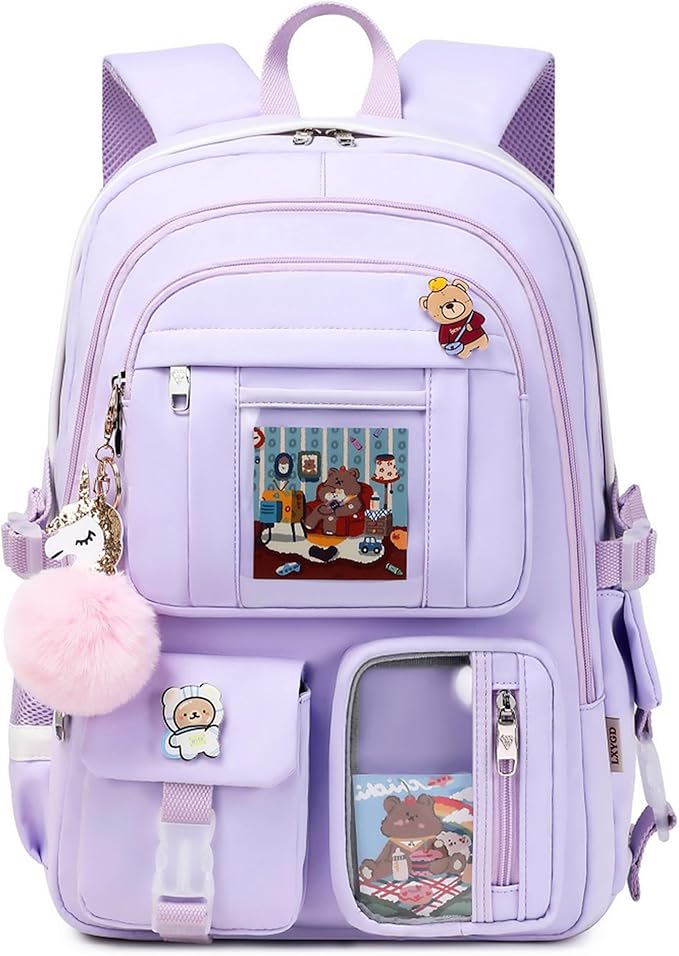 LXYGD Backpack for Girls with Accessories Laptop Bookbags 16 Inch Kawaii Kids Elementary Middle High School Bag College Travel Daypack Gifts for Teens Women Students (Purple)