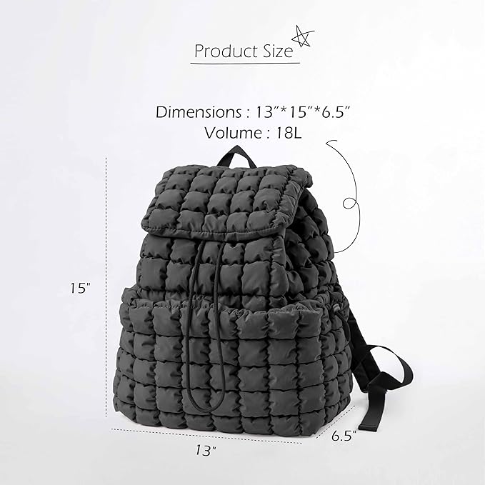 ODODOS Quilted Backpack 2.0 for Women Lightweight Puffer Hiker Pack Drawstring Padding Travel Gym Bag, Charcoal