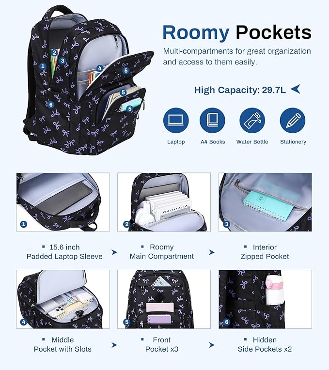 Girls Backpack, Lightweight School Backpack Multiple-pocket College Bookbag for Teen Girls Travel Backpack with Luggage Strap for Women, Black with Purple Bow