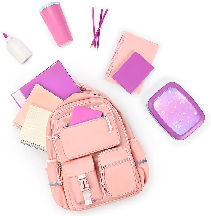 mibasies School Backpack for Teen Girls: 17.9 IN Backpack for Women with Laptop Compartment for Middle High Elementary School College Travel- Kids Bookbag Light Pink