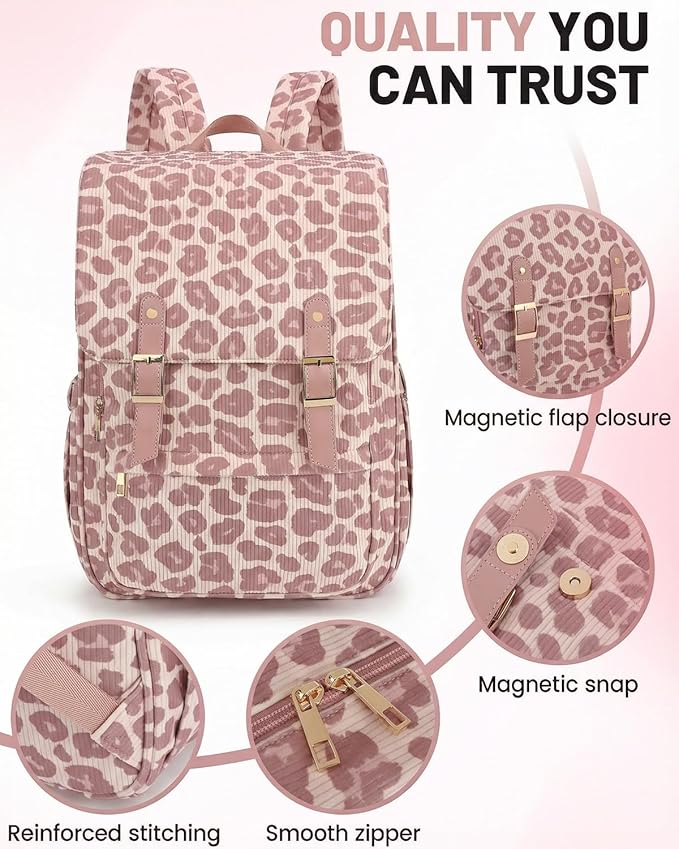 Corduroy Laptop Backpack for Women, Fits 15.6 Inch Computer Bag, College High School Bookbag Travel Daypack Purse, Work Business Bags - Corduroy Leopard