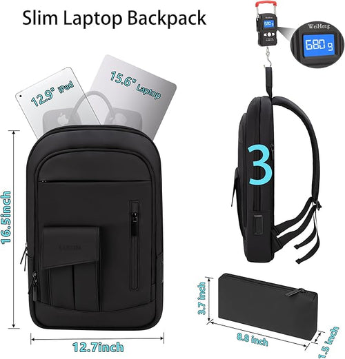 Business Backpack for Men Slim Lightweight Laptop Backpack Water Resistant Small Office Backpack for Commute Travel Daily Office Work with Small Bag (Black, 15.6")