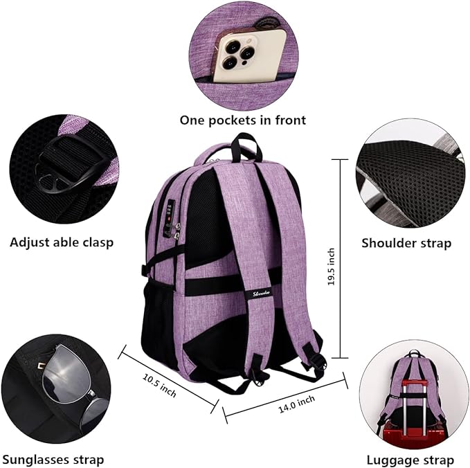 SHRRADOO Anti Theft Laptop Backpack Travel Backpacks with Combination Lock for Women Men High School College Backpack Computer Bag Fits 17 Inch Laptop,Purple | Travel Backpacks, usb Charging Port, College Backpack, Computer Bag