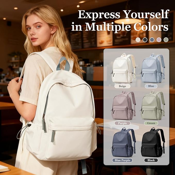 Cute School Backpack For Girls Boys Casual College Laptop Backpack Water Resistant High School Book Bag Lightweight Simple Daypack (Beige with Green)