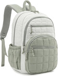 Bookbag for Women, Teen Girls Backpack for High School College Student, Puffer Quilted Back Pack Cute Laptop Backpack for Work Travel Mom Casual Daypack, Beige Green