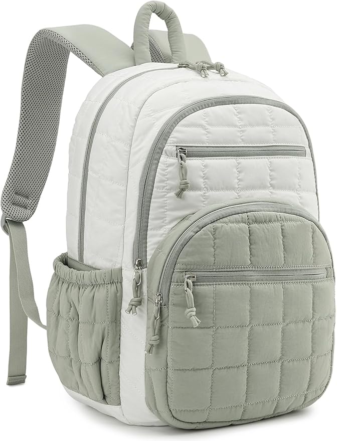 Bookbag for Women, Teen Girls Backpack for High School College Student, Puffer Quilted Back Pack Cute Laptop Backpack for Work Travel Mom Casual Daypack, Beige Green