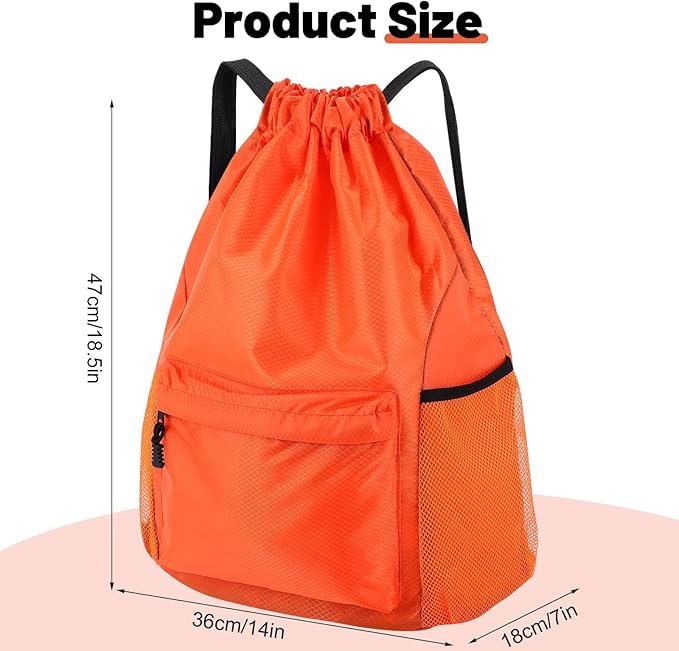 Drawstring Backpack, Gym Bag with Water Bottle Pocket, Waterproof String Backpack for Soccer, Basketball, Swim for Women Men (Orange)