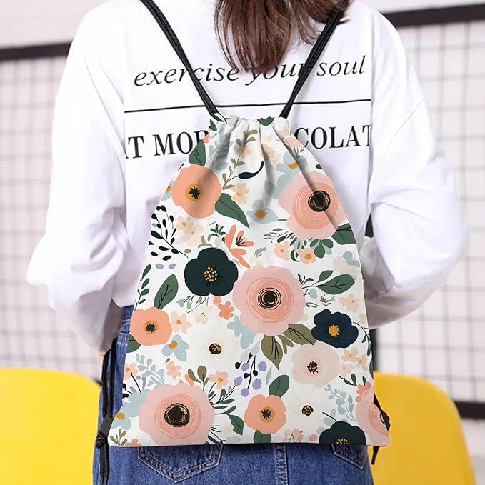 Drawstring Backpack Draw String Bag Waterproof for Sports Gym Beach Travel Cute Aesthetic Sackpack Men Women (13"×17")-Floral