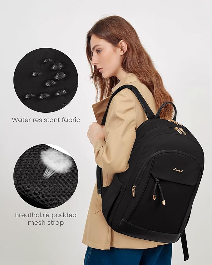 LOVEVOOK Laptop Backpack for Women, 15.6 Inch Waterproof Work Backpack with Laptop Compartment, Large Capacity Casual Daypack for Travel College Business, Black