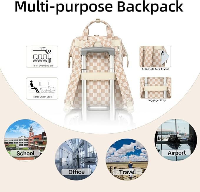 Corduroy Laptop Backpack for Women 15.6 Inch Stylish College School Bookbag, Business Work & Travel Computer Backpacks (Checkered Brown)