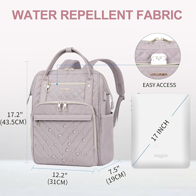 KROSER Laptop Backpack 17" Stylish Backpack Water Repellent College Casual Daypack with USB Port Travel Business Work Bag for Men/Women-Quilted Dusty Pink