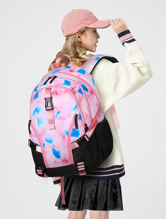 BLUEFAIRY High School Backpack for Girls Boys Middle School Bookbag for Kids Back to School Bag for College with Large Compartment Casual Daypack Mochilas para Niñas Adolescentes 18" Tie Dye Pink