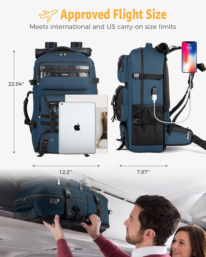 Travel Backpack for Men, 50L Carry On Flight Approved Convertible Duffle Bag with Shoe Compartment, 17 inch Laptop Luggage with USB Charging Port for Weekender Hiking, Blue