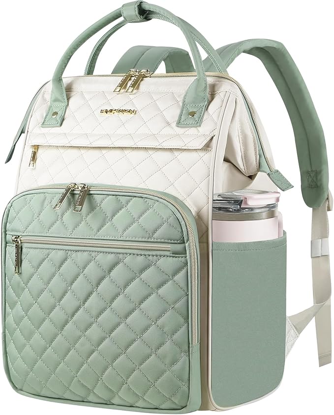 EMPSIGN 17 Inch Laptop Backpack for Women, Work Business Travel Computer College Bags, Large Capacity Water-repellent Quilted Casual Daypack with USB Port, Beige-Light Green