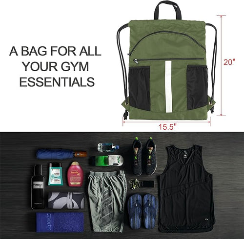 BeeGreen Drawstring Backpack Bag with Shoe Compartment, X-Large Black Gym Sports String Cinch Backpack
