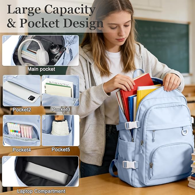 Lightweight College Backpack for Women Men Cute School Bag for Teens Girls Boys High School Backpack for Students Waterproof Casual Daypack Backpack（Milky Blue）