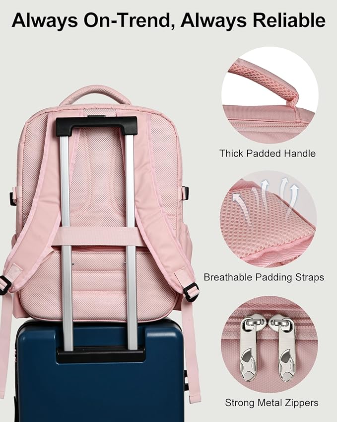 Travel Backpack for Women & Men, Large Carry On Personal Item Bag Airline Approved, Waterproof Traveling Overnight Bags, Gifts Laptop Backpack for Travelers College-Students Commuters (Pink)