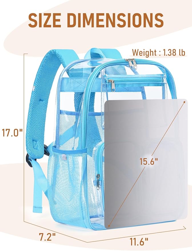 Clear Backpack Heavy Duty for Women Men Boys Girls, Clear Bookbag for School, 17 Inch Transparent Backpack with All-Around Reflective Strips for Work Casual Sport,Light Blue