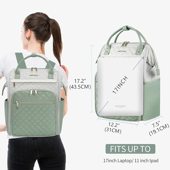 EMPSIGN 17 Inch Laptop Backpack for Women, Work Business Travel Computer College Bags, Large Capacity Water-repellent Quilted Casual Daypack with USB Port, Beige-Light Green