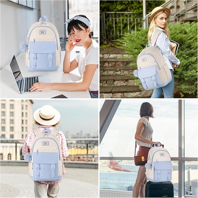 School Backpack for Teen Girls, Cute College Backpacks for Women Students Aesthetic Bookbag Large 15.6 Inch Laptop Bag Middle School Travel Back Pack (Blue Beige)