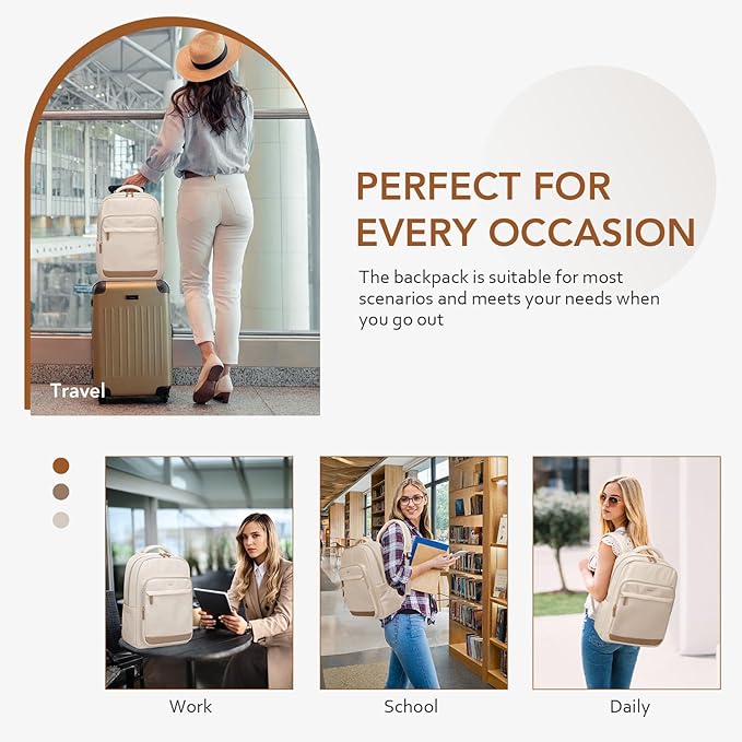 Laptop Backpack for Women,Travel Backpack with Laptop Compartment,Casual Daypack College Bookbag Computer Work Backpack,Beige