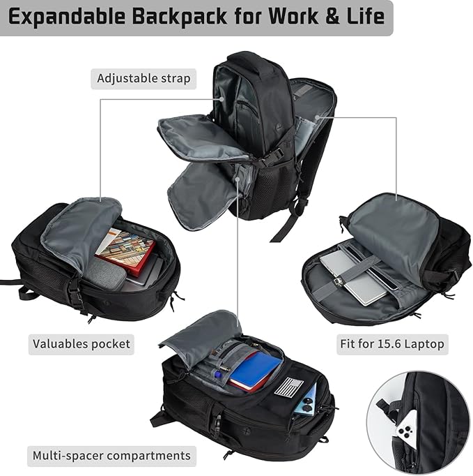 15'' Travel Laptop Backpack for Men, 25L Tactical College Backpacks with Water Pouches Both Sides, Portable Backpack for Men Women Business Work Bag Fight Approved, Small Black Backpack