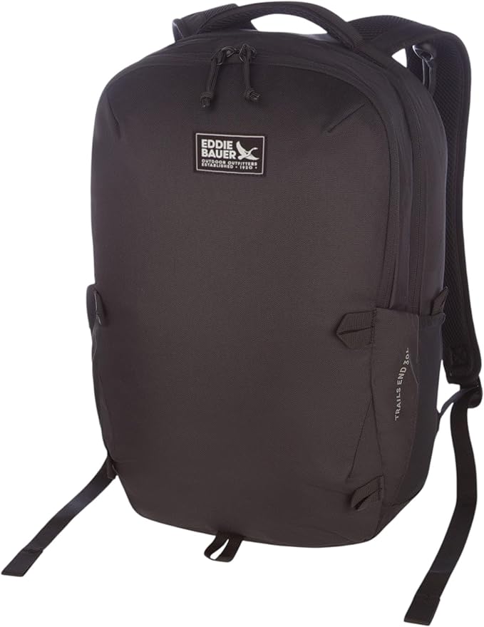 Eddie Bauer Trail Ends Backpack 28L | Laptop Sleeve | Everyday Carry | Travel | Work | Commuting | Stretch Side Pockets | Padded Shoulder Straps | Mesh Back - Black