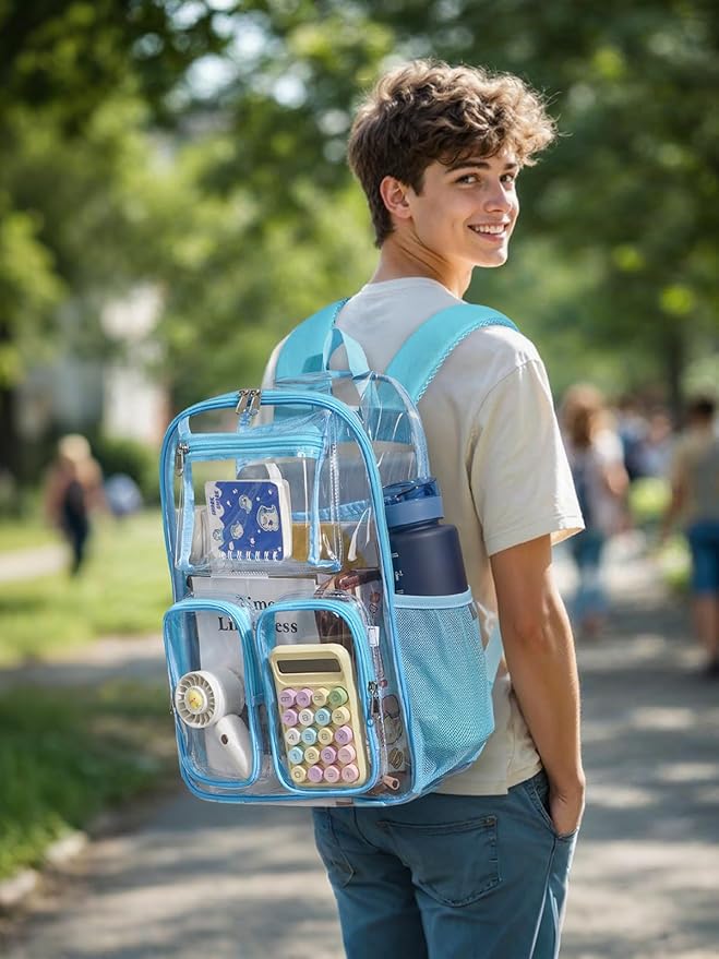 Clear Backpack Heavy Duty for Women Men Boys Girls, Clear Bookbag for School, 17 Inch Transparent Backpack with All-Around Reflective Strips for Work Casual Sport,Light Blue