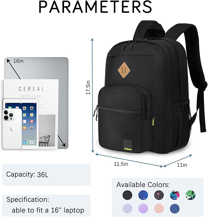 Goloni Lightweight Laptop Backpack 1.1Lbs, 36L Wear-Resistant Water Resistant Backpack with Laptop Compartment for Men Women, College Work Travel Bookbag,Black