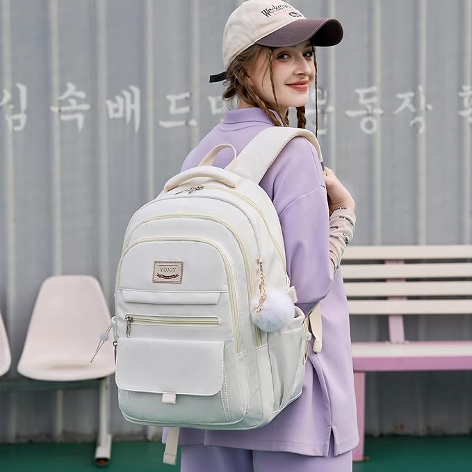 Laptop Backpack 15.6 Inch College Backpacks for Women, School Backpack for Girls,Students Aesthetic Anti Theft Travel Daypack Large Bookbags Middle High School Back Pack(Beige)