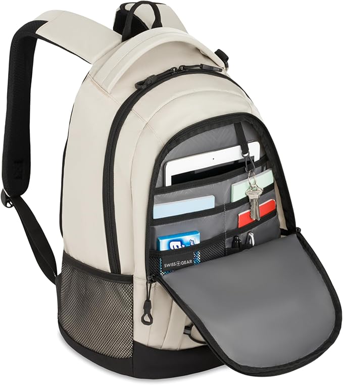 SwissGear 1186 Special Edition 13” Laptop Backpack Cream/Black– Compact Tech Bag with Reflective Accents – Multiple Organizer Pockets with Bungee Cords & D-ring Attachment Point