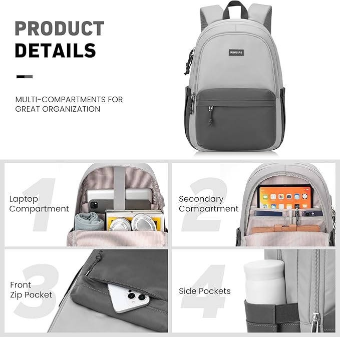 School Backpack for Teens Girls, Cute Student Bookbag Large 15.6 Inch Laptop Bag Aesthetic College Backpacks for Women High School Travel (Dark Grey & Light Grey)