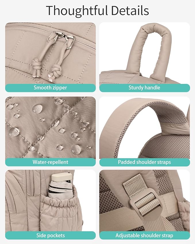 Bookbag for Women, Teen Girls Backpack for High School College Student, Puffer Quilted Back Pack Cute Laptop Backpack for Work Travel Mom Casual Daypack, Camel