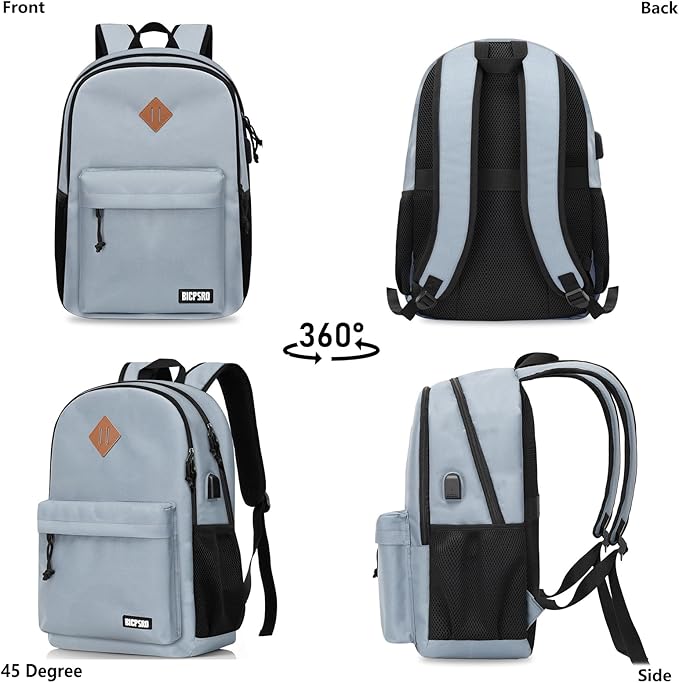 Backpack for Women Men, Casual School Backpack for Girls Boys Teens, 17.3 Inch Laptop Bookbag with USB Charger for College High School back pack lightweight mochilas para hombres, Grey