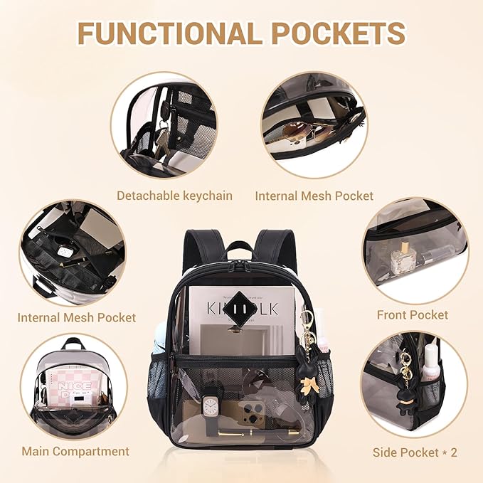 Clear Backpack for Stadium Events Approved 12×6×12, Thick TPU Mini Clear Bag with Front Pocket for Concert Sport Events Work Travel, Black