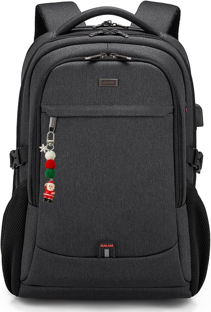 DUSLANG 17 Inch Laptop Backpack for Travel Water Resistant College Backpack for Men Women Laptop Bag with USB Charging Port Key Hanging Ornament Christmas Decorative,Black
