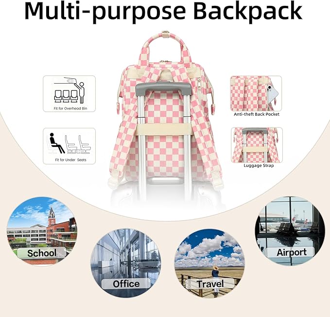 Corduroy Laptop Backpack for Women 15.6 Inch Stylish College School Bookbag, Business Work & Travel Computer Backpacks (Checkered Pink)