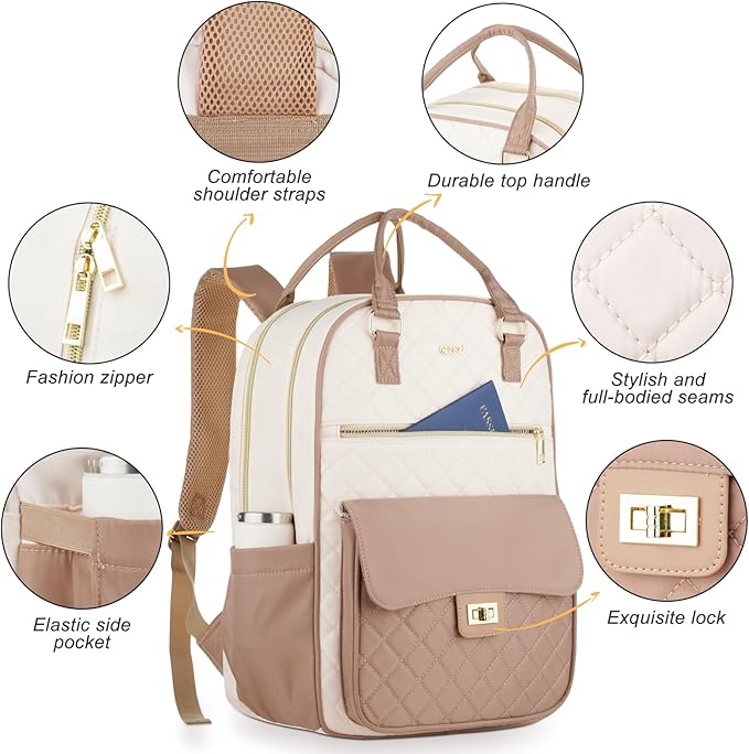 School Backpack for Teen Girl,Aesthetic Schoolbag Bookbag with 15.6-Inch-Laptop Compartment for Women College Student Work Travel Nurse Teacher,Khaki-Beige