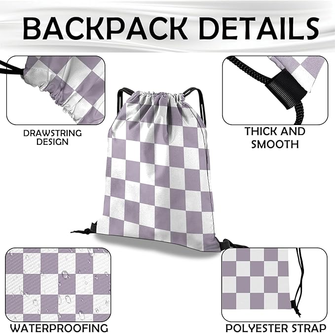 Drawstring Backpack Draw String Bag Waterproof for Sports Gym Beach Travel Cute Aesthetic Sackpack Men Women (13"×17")-Purple Checkered