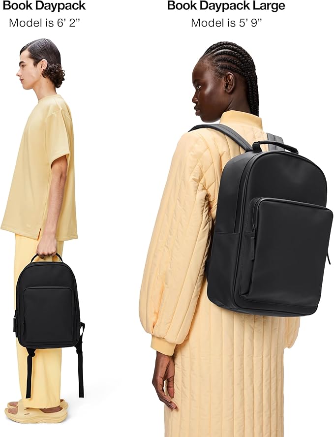 RAINS Book Daypack Large Lagoon Laptop Backpack for Men and Women, Waterproof Black Minimalist Commuter Bag with 15”-16"