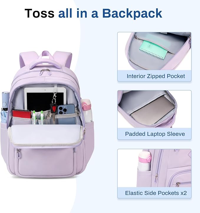 School Backpack for Girls, Lightweight Kids Bookbag Classic College Backpack for Teen Women with Luggage Strap, Age 8-18 Years Old, Purple