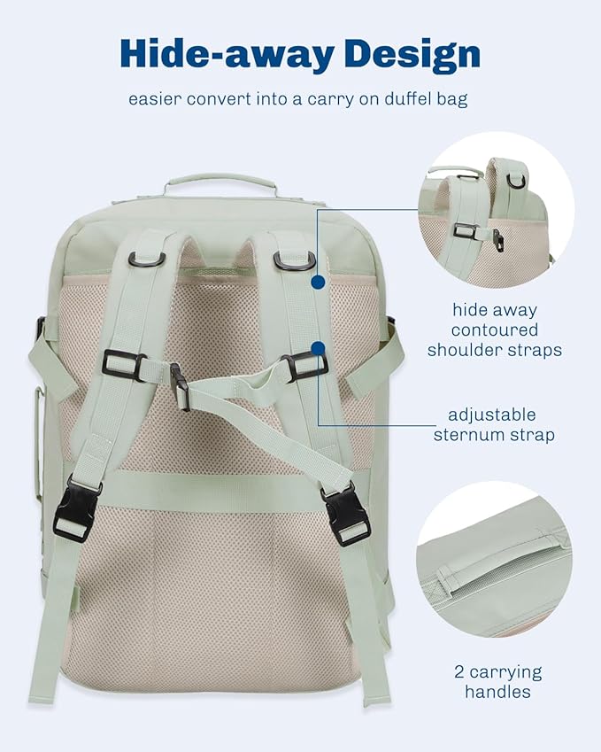 Hynes Eagle Carry on Backpack 38L Large Travel Backpack for Women Flight Approved Weekender Bag Laptop Backpack Men 15 inches Mint Green