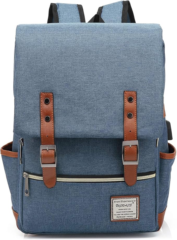 UGRACE Vintage Laptop Backpack with USB Charging Port, Elegant Water Resistant Travelling Backpack Casual Daypacks College Shoulder Bag for Men Women, Fits up to 15.6Inch Laptop in Blue