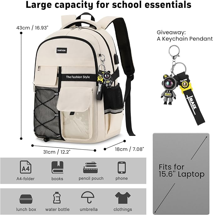 YAMTION Backpack for Teens,Laptop Backpack with USB Charging Port for Work,Casual College Back Pack School Bookbag for Boys Kids,Beige