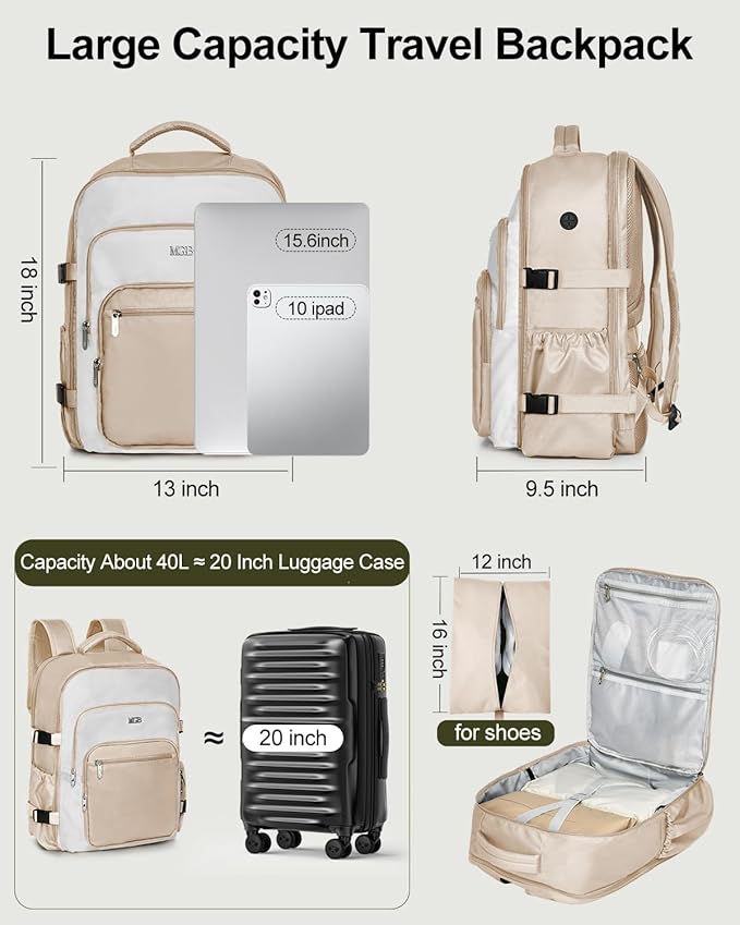 Travel Backpack for Women & Men, Large Carry On Personal Item Bag Airline Approved, Waterproof Traveling Overnight Bags, Gifts Laptop Backpack for Travelers College-Students Commuters (Beige/White)