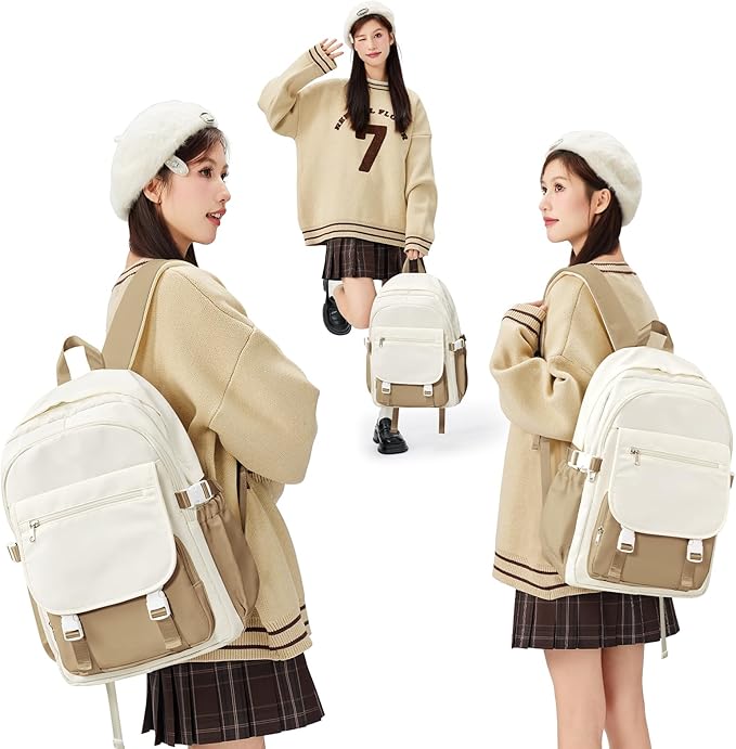 Lightweight Waterproof Backpack for Women Men Large Capacity College School Bag with Luggage Straps Multiple Pockets Durable High School Bookbag, Casual Daypacks for Students Girls Boys(Beige & khaki)