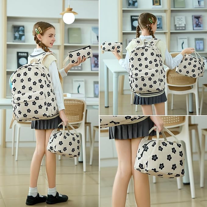School Backpack for Teen Girls Kids Backpack with Lunch Bag Pencil Case, Waterproof Laptop Backpack Casual Daypacks for Preschool Kindergarten Elementary, Floral