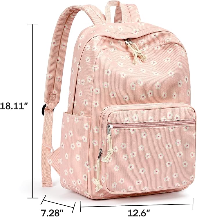 mibasies School Backpack for Girls with Laptop Sleeve: 18IN Large Capacity Corduroy Bookbag for Primary Middle School/College, Travel Daypack for Teens Women - Pink Flower